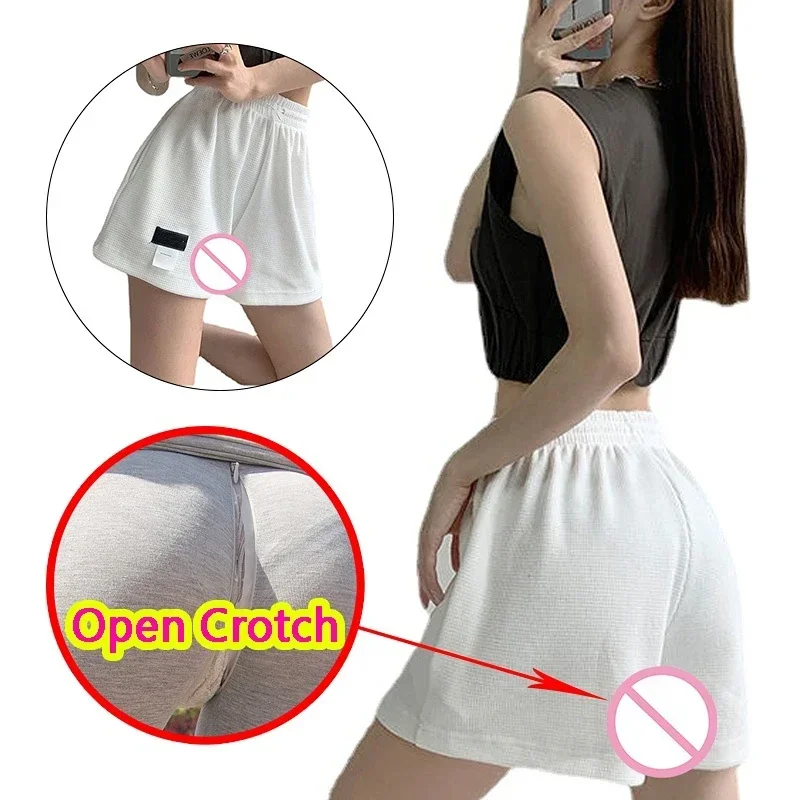 Summer Woman Open Crotch Pants Sexy Open-Seats Shorts Hot Dress Seamless Double Zipper Leggings Erotic Outdoor Sex Party Clothes