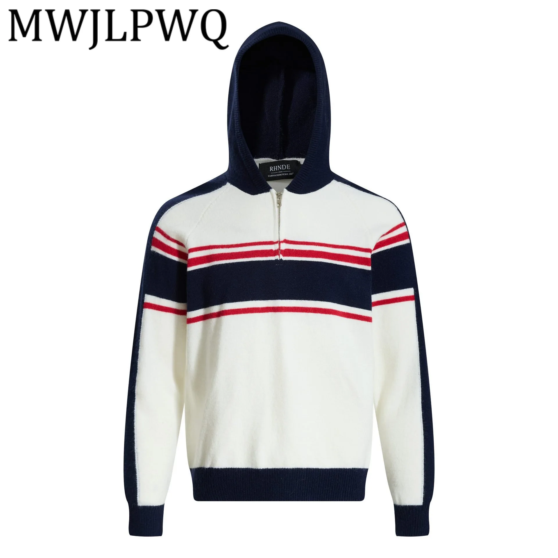 

MWJLPWQ модный новый зимний свитер в американском стиле 2025 года, простой универсальный полосатый пуловер на молнии контрастного цвета, вязаные топы 21467