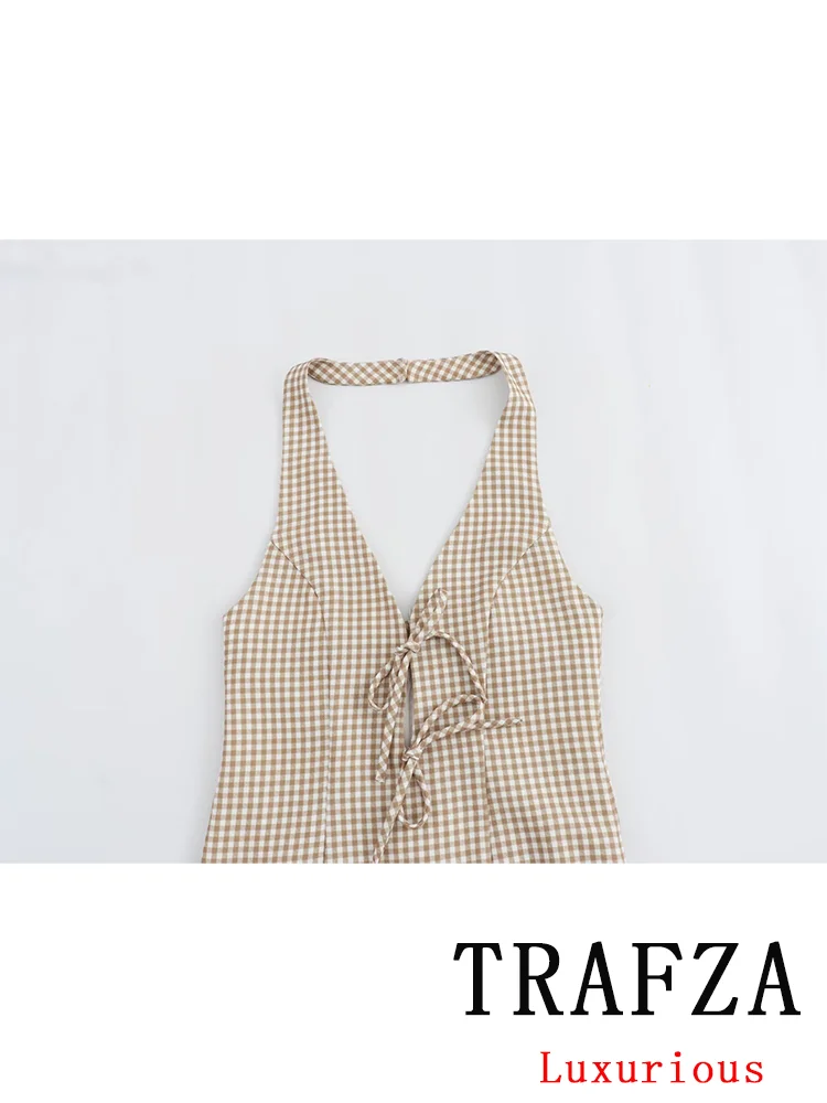 TRAFZA Vintage Casual Chic Plaid Women Dress Halter Zipper Beach Long Dress Fashion 2024 Summer Chic Boho Party Female Dress