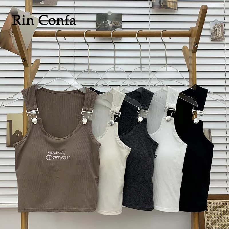 

Rin Confa New Korean Fashion Letter Printed Camisole Woman Built In Bra Camis Female Sleeveless Tank Wide Strap Crop Top Women