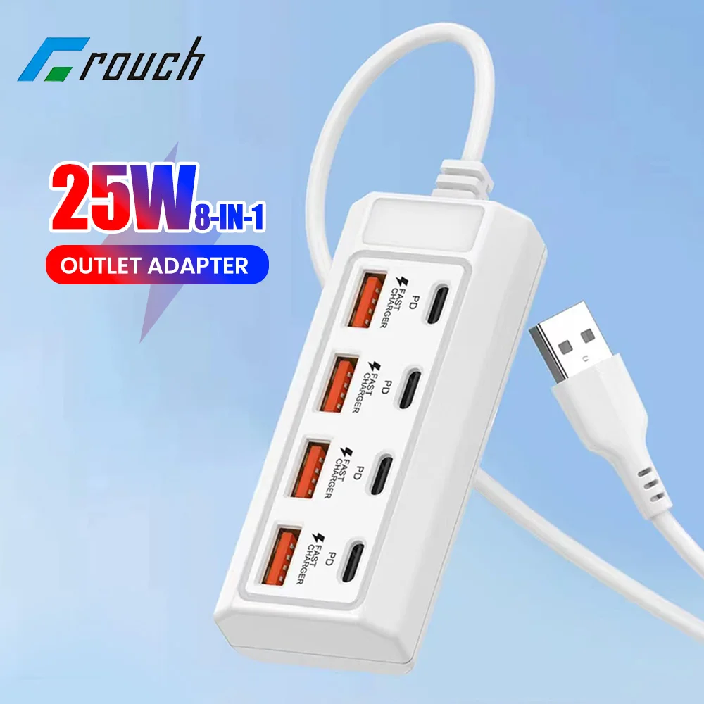 Prise électrique USB 8 en 1, 25W, charge rapide, adaptateur de prise de courant, Stations d'accueil, convertisseur séparateur USB, prise d'extension USB