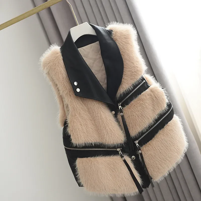 Fluffy Warm Faux Fur Waistcoat Jacket Women Street Splicing Sleeveless Loose PU Jackets Autumn Winter Fashion Thicken Lady Coat