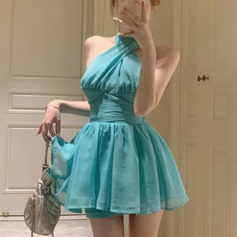 

Women Sexy Halter Mini Dress Elegant A-line Puffy Hem Slim Fit Backless Ruffle Sleeveless Summer Party Vacation Wedding Outfit