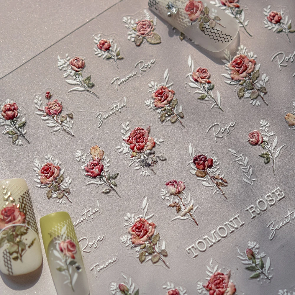 Rose Blume 5D Heißprägen Retro Laser Silber Blau Rot Gold Vintage Klebstoff Nail art Dekoration Aufkleber Maniküre Werkzeug Aufkleber