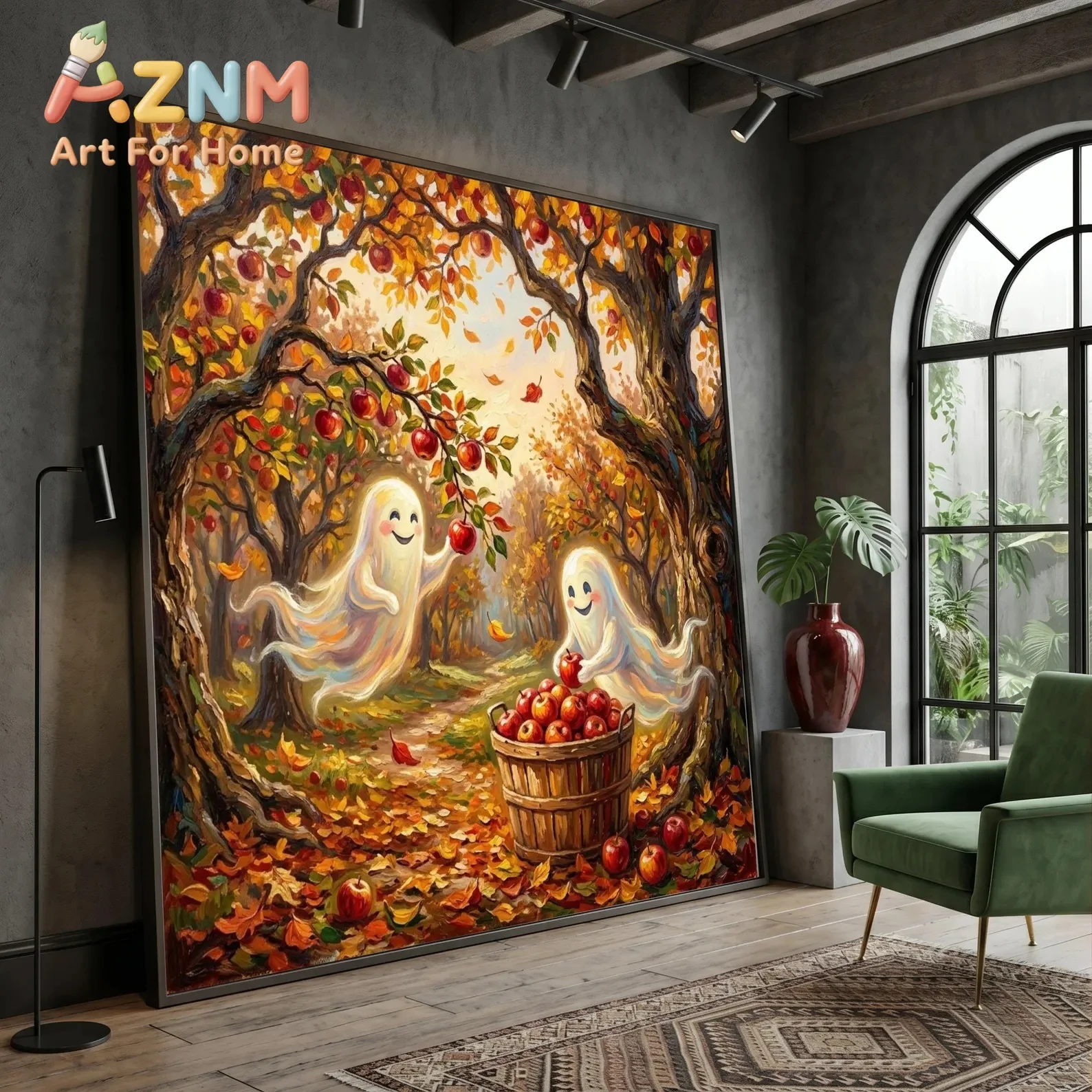 Halloween Cute Ghost Autumn Forest Canvas Painting Pumpkin Forest Moon Landscape Poster Art Print Halloween Living Room Decor