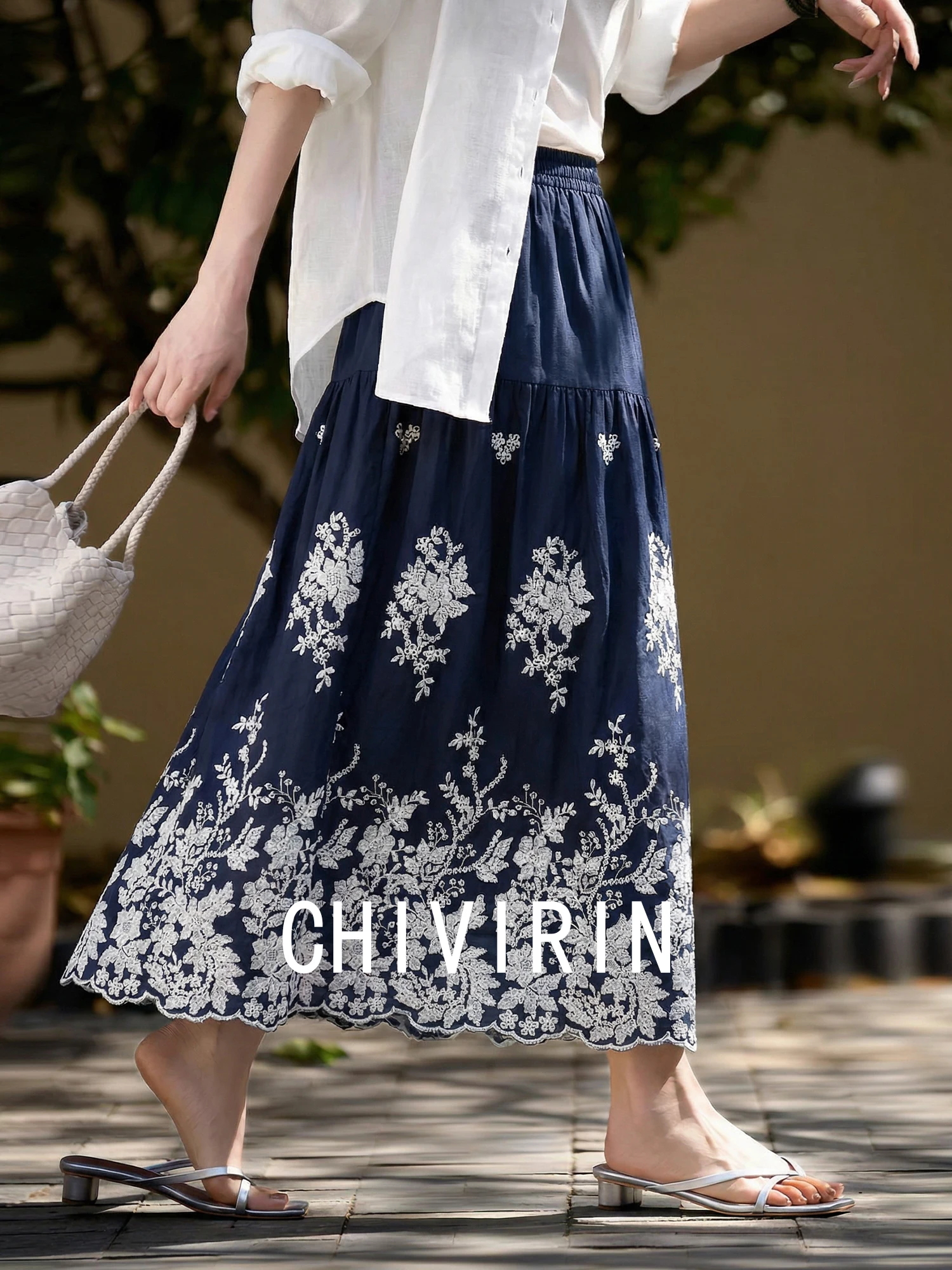 

Женская хлопковая юбка с вышивкой и высокой талией, новая весенняя коллекция, свободный крой, А-силуэт, миди, дышащая и комфортная