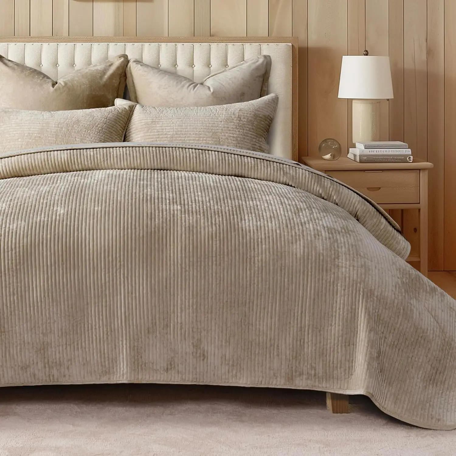 

Luxurious Velvet Quilt Set King Size, Soft All-Season Bedding with Striped Channel Design and 2 Shams in Urban Taupe