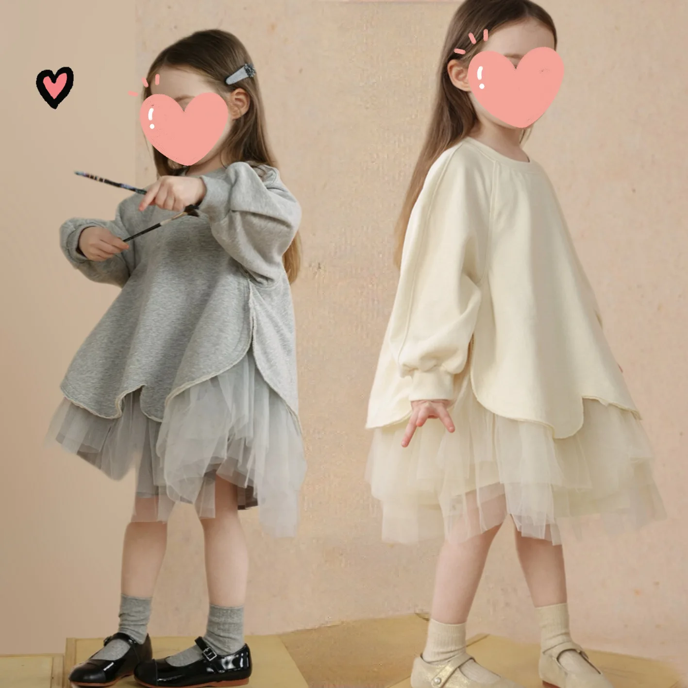 

2025 Spring Autumn Niche Fashion Girls Temperament Kindergarten Hoodie Splicing Fluffy Dress Gauze Dress