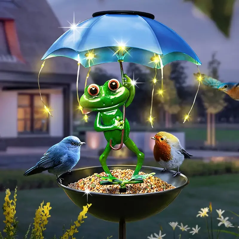 Bird Feeder Art Ornament Solar Lamp Large Capacity Weather Resistance Solar Frog Garden Decor for Outside Yard Courtyard Patio