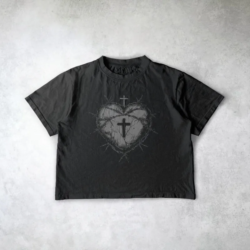 

American street vintage cross print black T-shirt men Y2K Goth Harajuku summer loose short sleeve fashion couple casual shirt