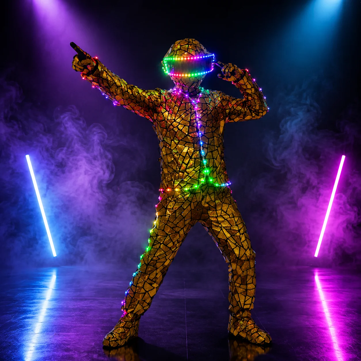 

Gold Shimmer LED Mirror Dance Costume with Helmet Illuminated Outfit for Nightclub Party Carnival Stage Show Performance Wear