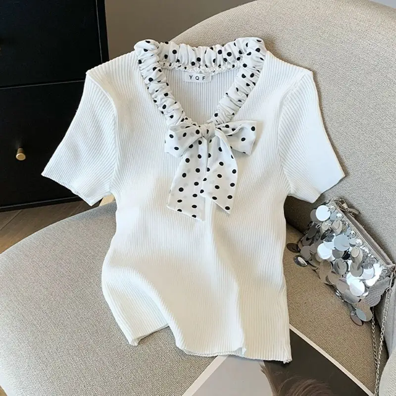 Vlinderdas chiffon T-shirt met korte mouwen voor dames Unieke en stijlvolle zomertop