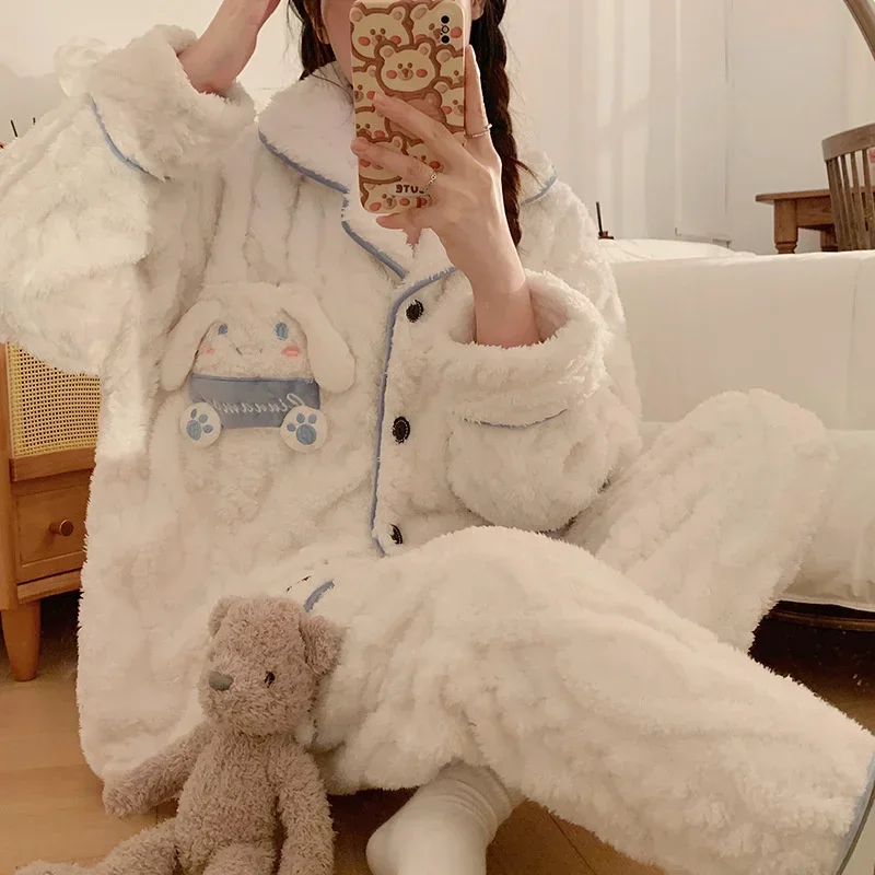 

Kawaii Sanrio Cinnamoroll Pajamas Cartoon Anime Winter New Velvet Thickened Lapel Cardigan Long Sleeved Home Wear Set girl Gift