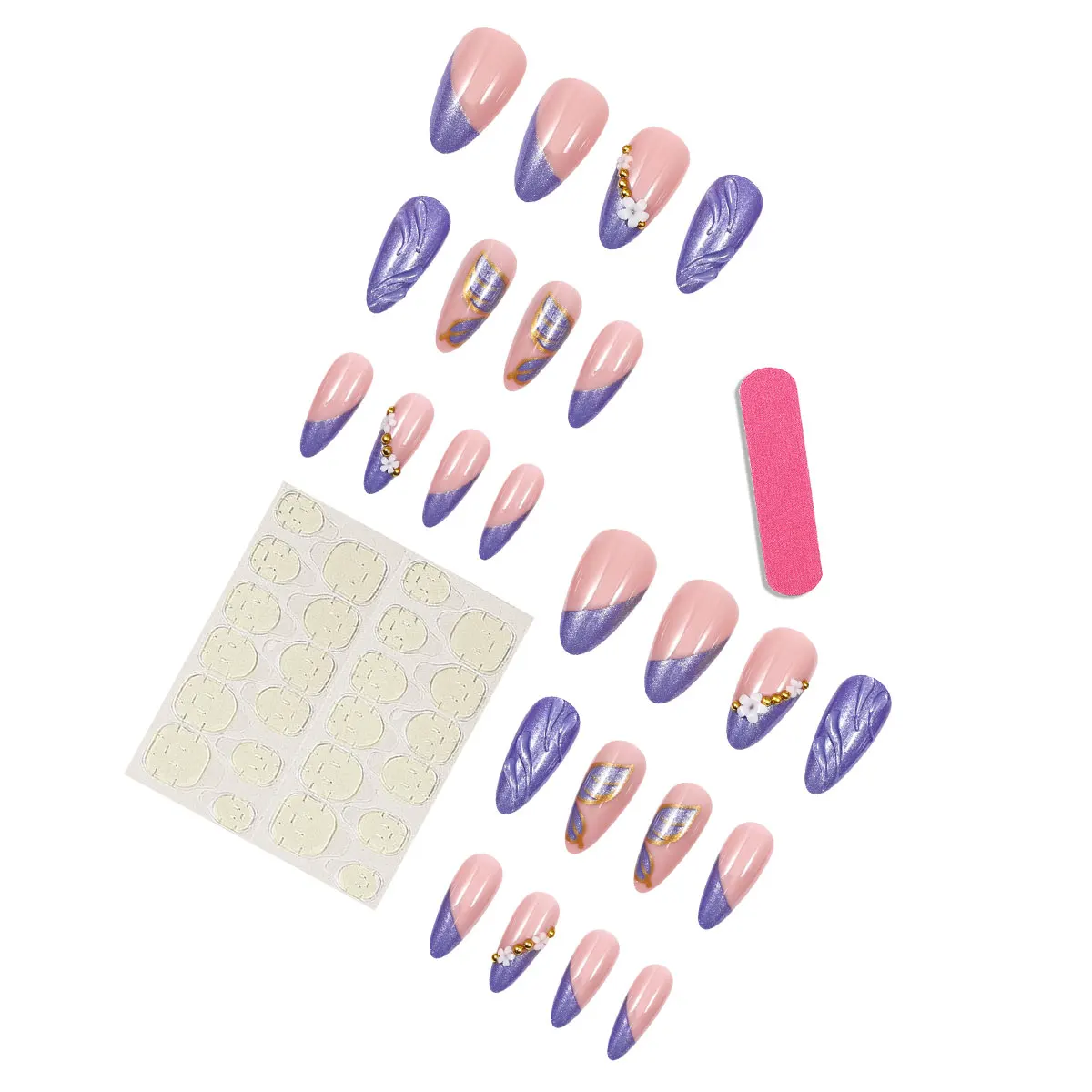 3D-Mandel-Nägel zum Aufdrücken mit Blumen-Perlen-Stern-Designs, 3D-Glitzer-Kleber auf die Nägel, niedlicher, glänzender Acryl-Nagel zum Aufkleben