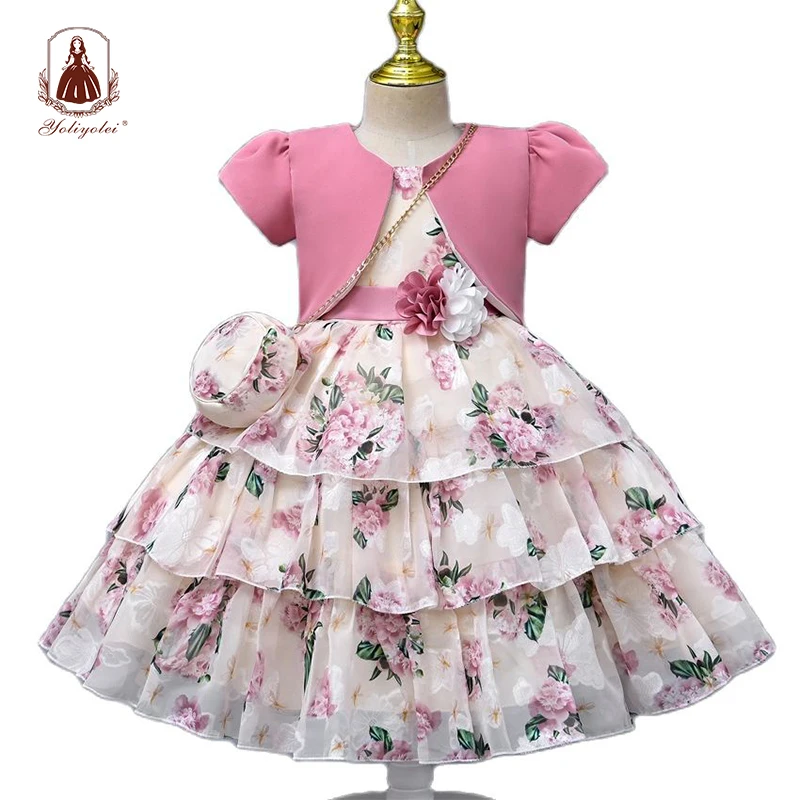 

Yoliyolei Chiffon Layers Ball Dresses Children 3 Pcs Set 5 Years Birthday Kids Gown Summer Children Clothes Dresses With Bag