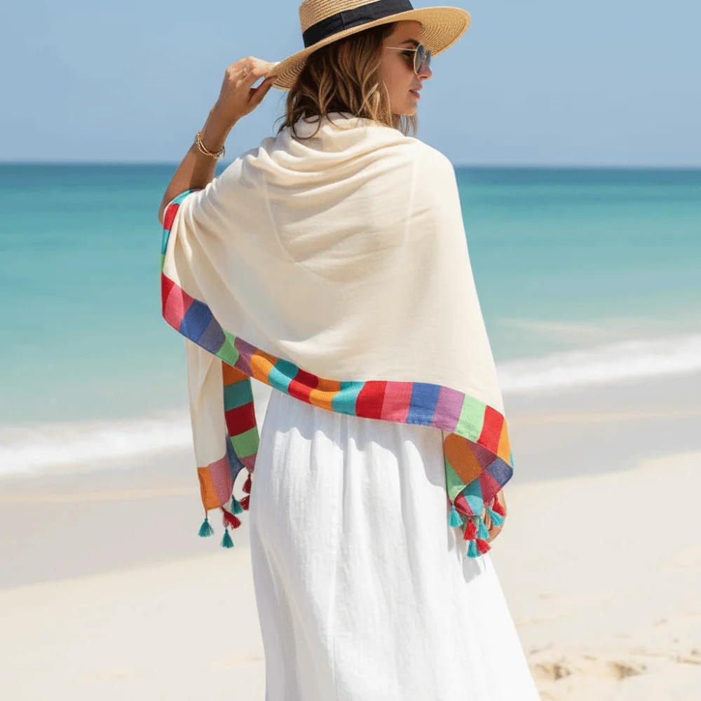Holiday Stole Rainbow-Border Linen Scarf Color-Block Lightweight Summer Shawl Tasseled Breathable Sunscreen Sarong Travelers
