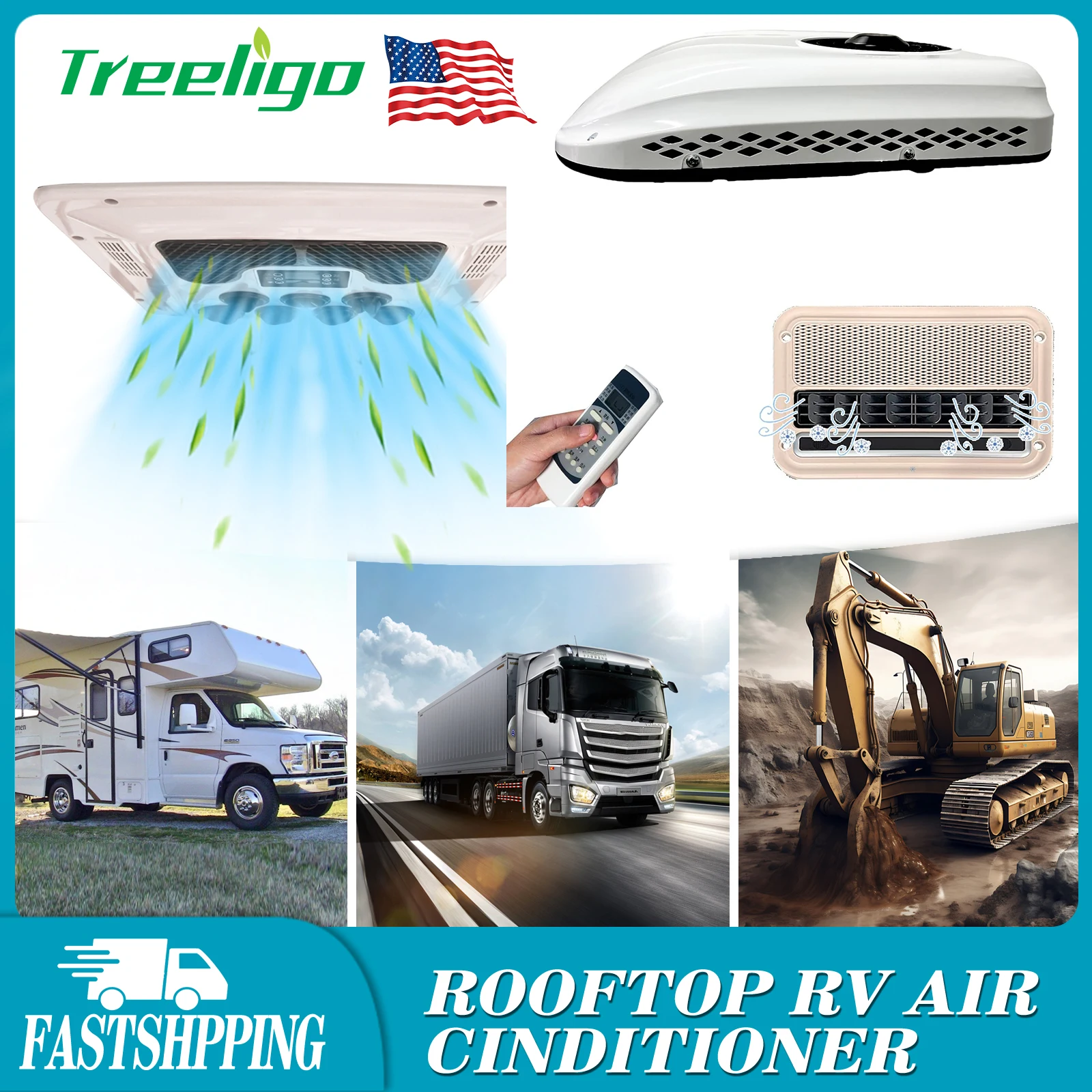 Treeligo 13500BTU 12V/24V Cooling RV Rooftop Air Conditioner Electric Parking Air AC Unit for Motorhome Truck Camper Van Caravan