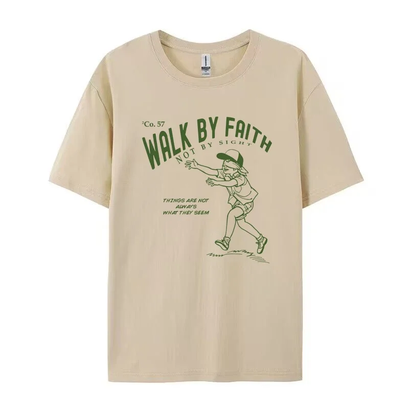 Walk by Faith Bible Verse Streetwear Graphic Tees Loose Vintage Religious T-Shirt Jesus Faith Shirt Women Men Christian Apparel