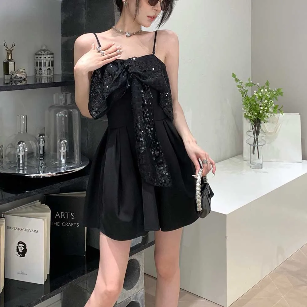 

Women's Bow Sequins Decoration Dress, Pleated, Slim, Elegant, Commuter Peplum, Camisole, New, Summer, Y2k, 2024