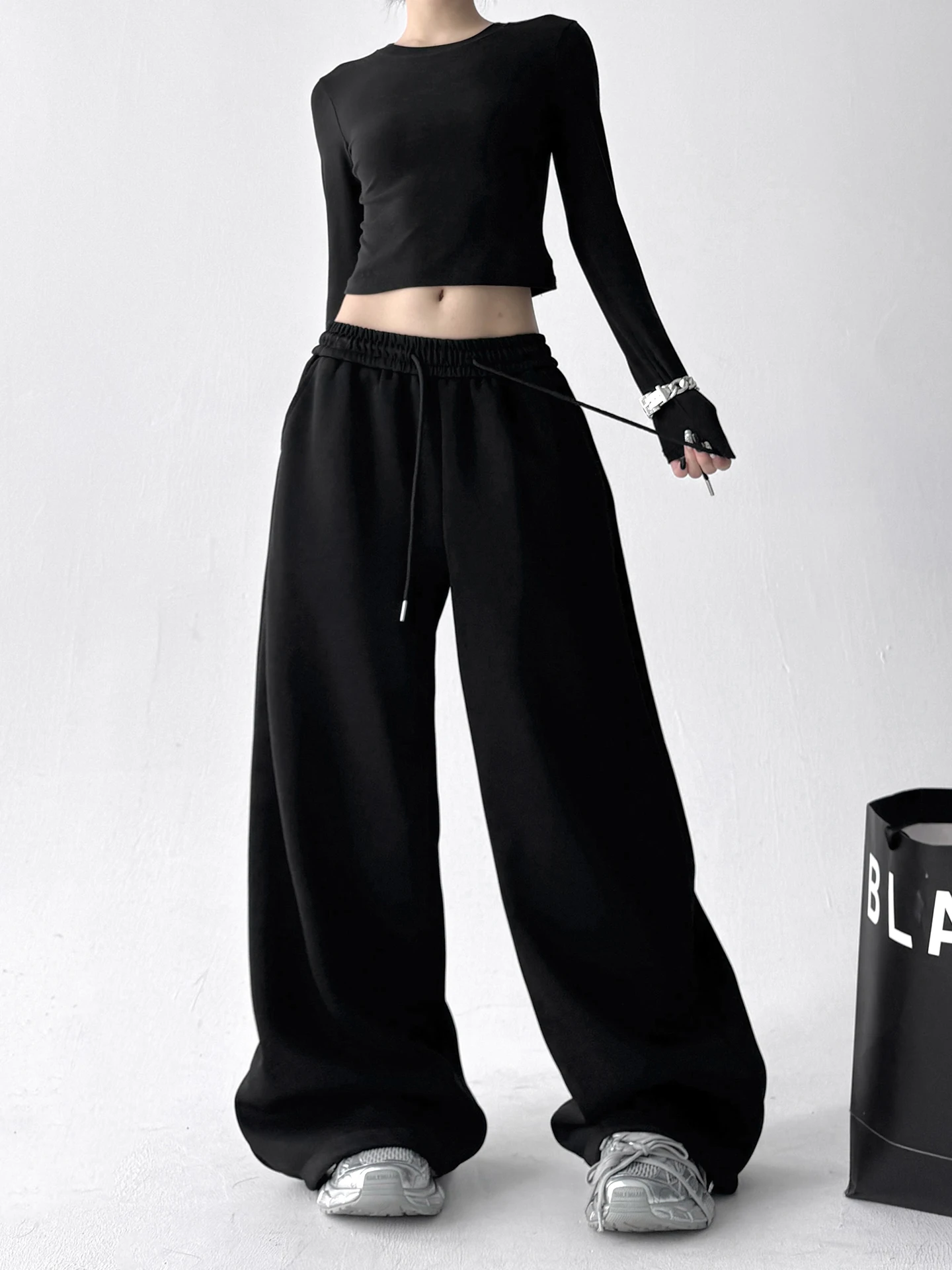 Calças Casuais Fenas de Cintura Alta, Perna Larga e Reta, Estilo Solto, Efeito Emaecimento, Novo Estilo Primavera-Outono