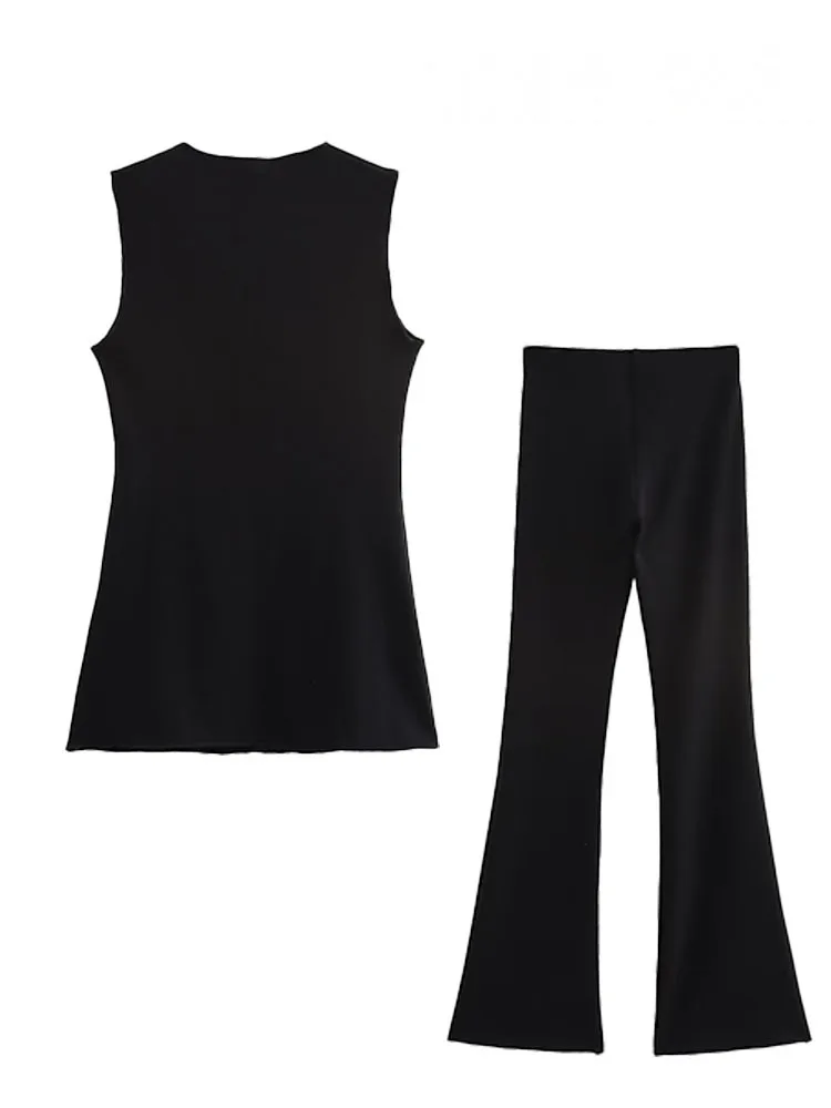 HH Pantaloni estivi da donna Abito O-Collo monopetto Decorazione senza maniche Gilet solido Top + Elegante gamba svasata elasticizzata Mujer