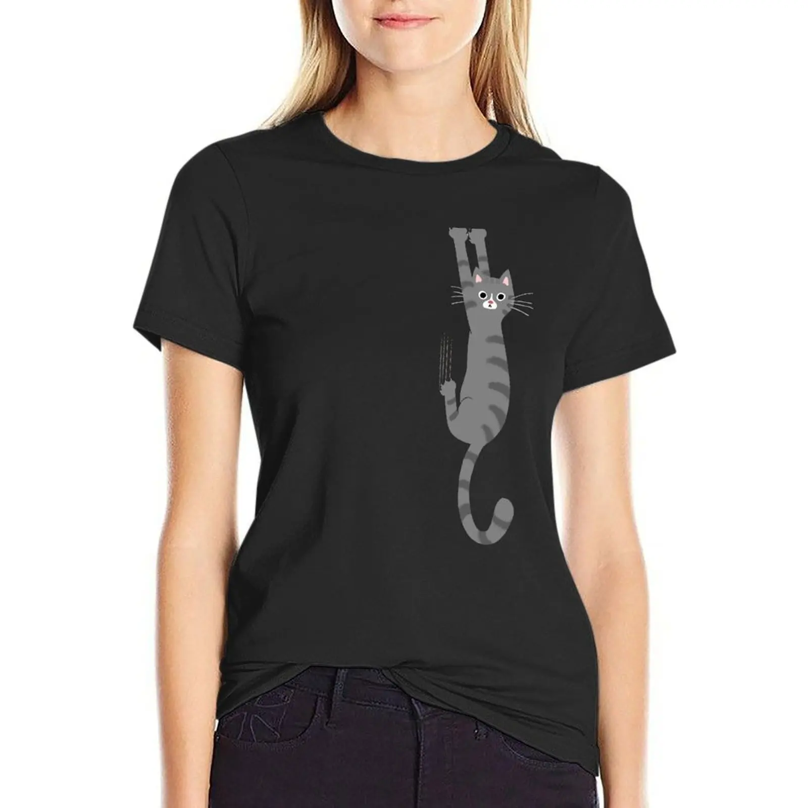 

Grey Tabby Cat Hanging On | Funny Gray Striped Cat Holding On with Claws T-Shirt animal print plain Top Women