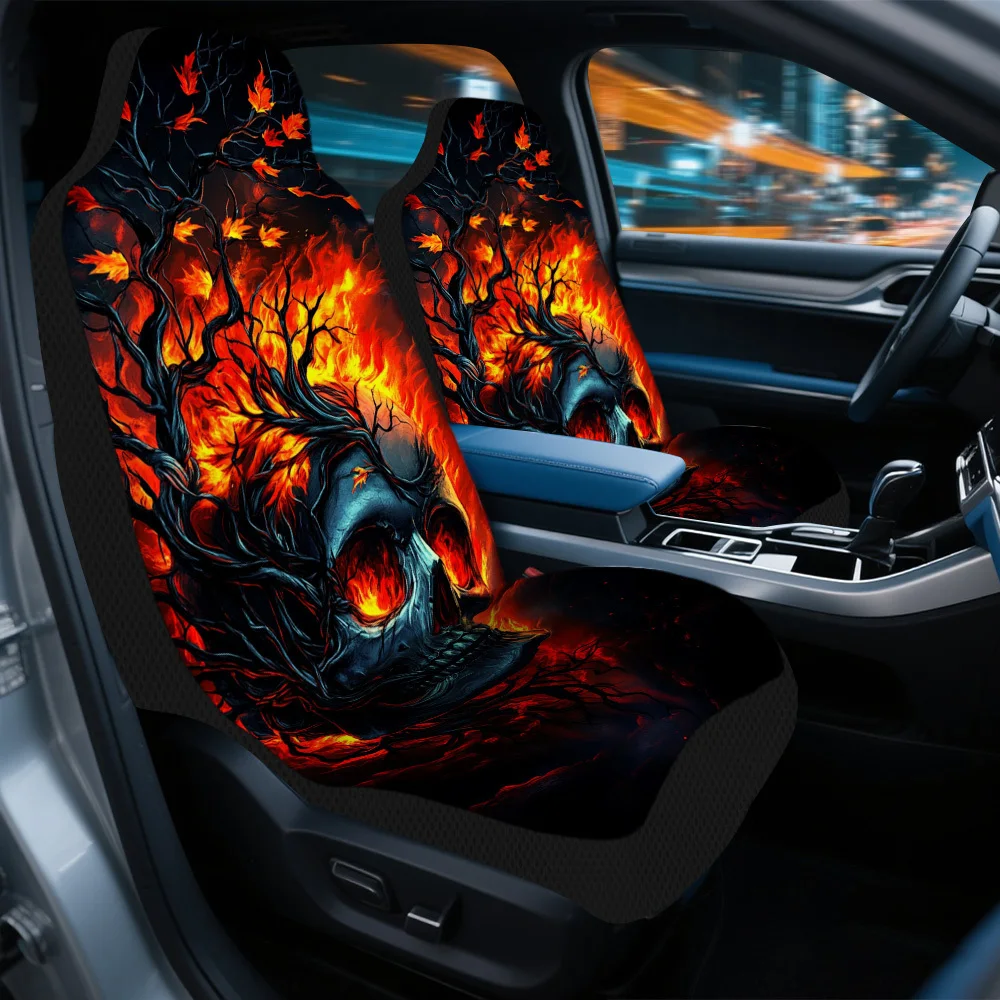 Set Of 2, Halloween-Themed Fiery Skull Universal Car Seat Covers – Premium Comfort, Stylish Protectors For Car Seats, Robust Des