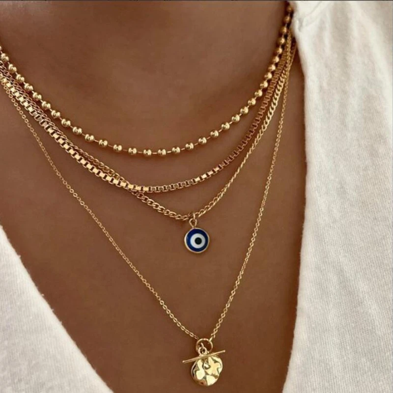 Bohemian Gold Color Multilayer Chain Necklaces For Women Vintage Evil Eye Palm Cross Pendant Choker Necklace Party Jewerly Gift