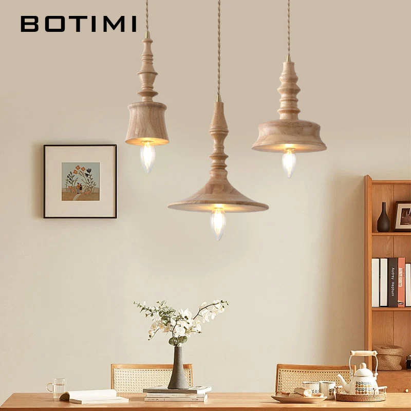 

BOTIMI Natural Wood Pendant Lights For Dining Wooden Bedside Lustre Single Kitchen Luminaire Island Single Hanging Lamp