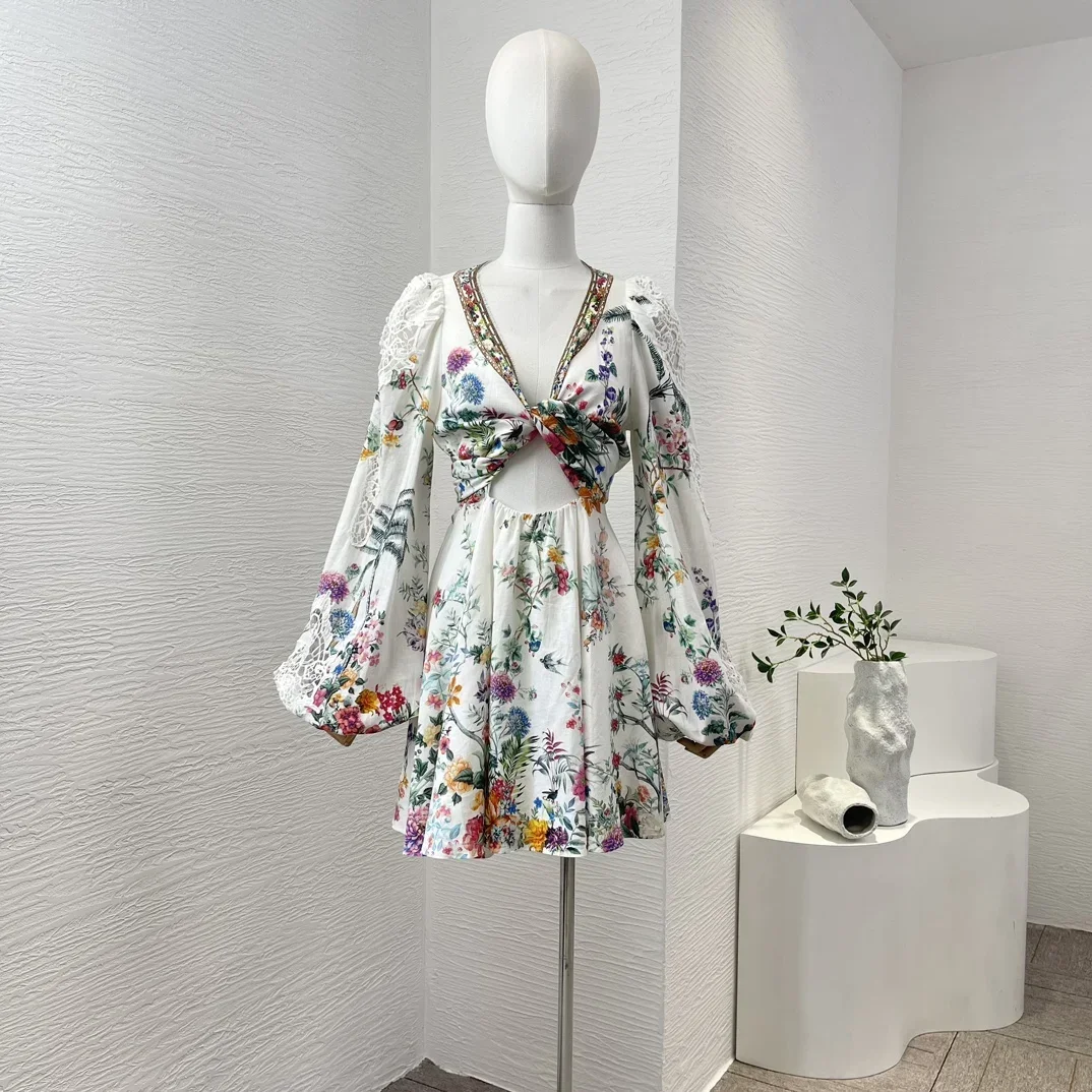 Hollow Out Floral Print 2024 New Summer Linen Cross Tie Waist Lantern Sleeve Diamonds Women Vintage Multi-color Mini Dress