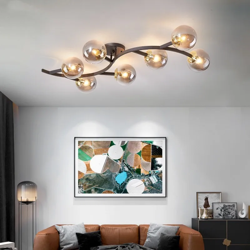 Nordic amber Glass ball LED Ceiling Lights Creative Gold/Black Metal tree branch Lamp Living Dining Room Bedroom Magic Bean lamp