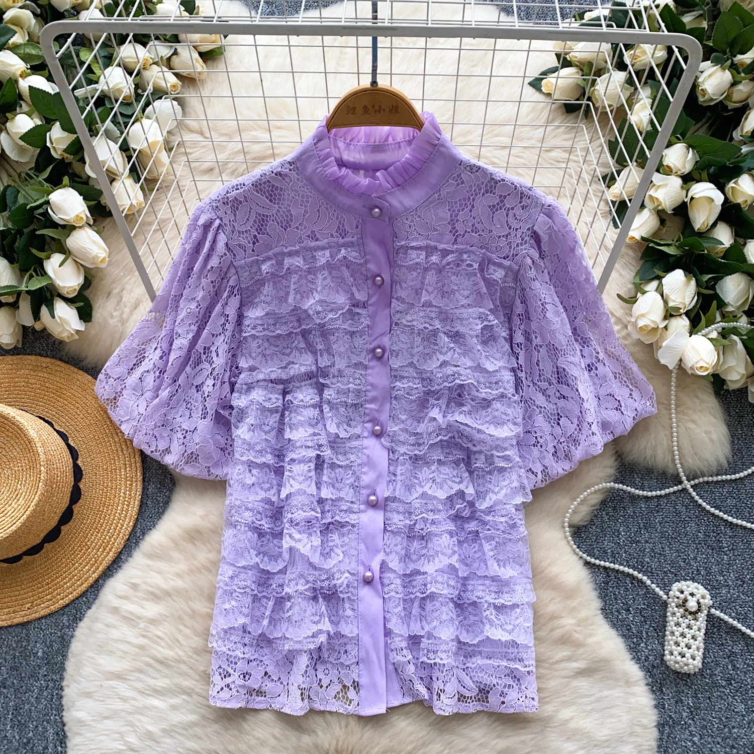 2025 여름 신상 여성 캐주얼 레이스 싱글 버튼 짧은 랜턴 소매 O넥 단색 셔츠 여성 의류 탑