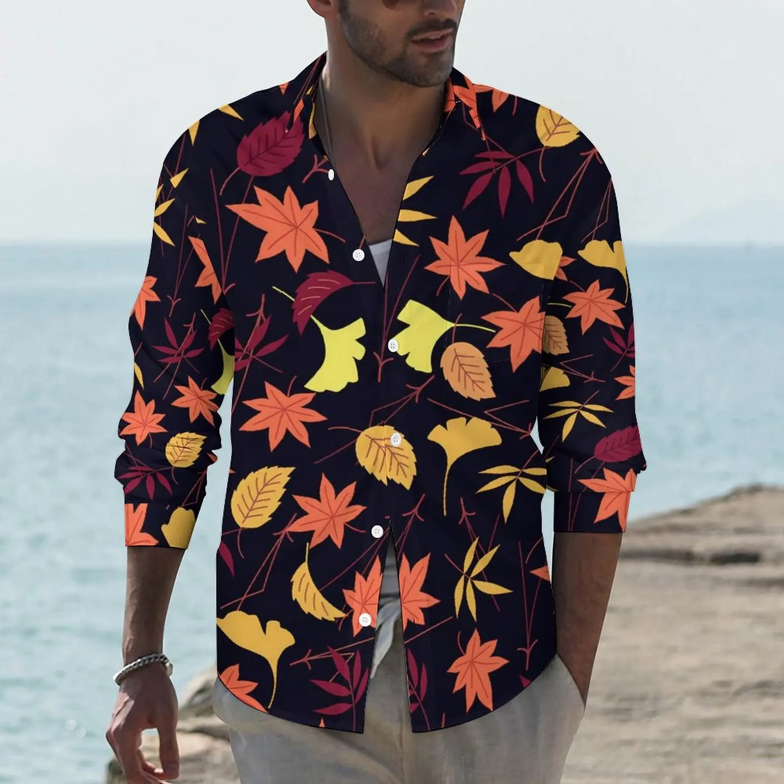 Falling Leaf Shirt Autumn Leaves Casual Shirts Long Sleeve Custom Aesthetic Blouses Spring Trendy Oversized Clothes