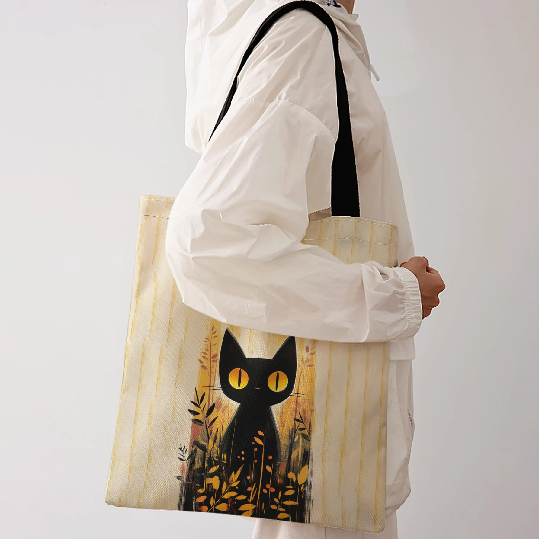 Yellow Vertical Stripes Black Cat With Big Eyes Floral Print Tote Bag Large Capacity Shoulder Bag For Shopping Travel Daily Use