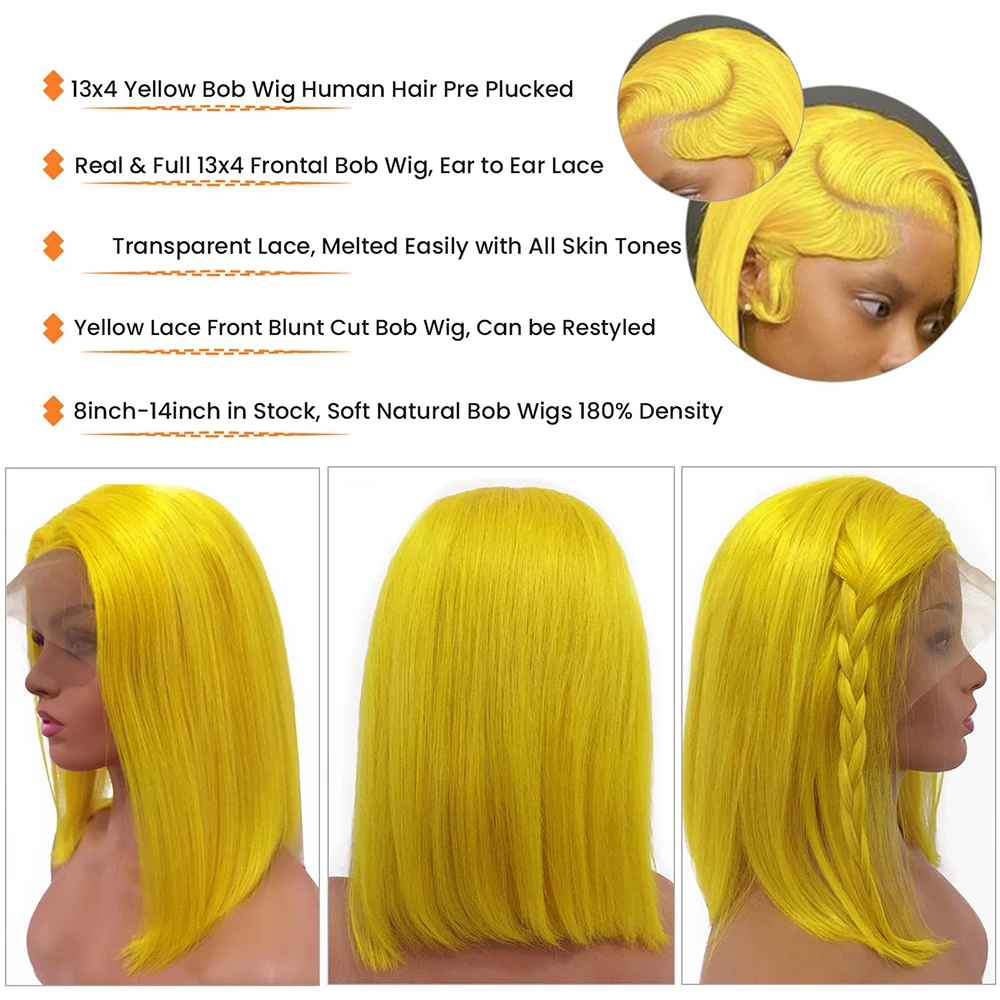 Yellow Short Bob Wig Human Hair 13×4 Transparent Lace  display picture 1