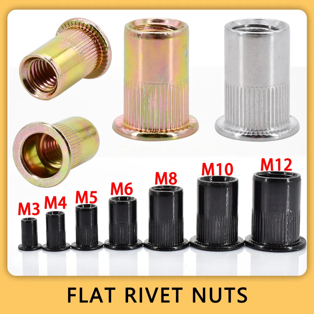 

M3 M4 M5 M6 M8 M10 M12 Flat Rivet Nut Metric Thread Insert Nuts Carbon/Stainless Steel Aluminum Metal Rivnuts Lock Fix Clamp Nut