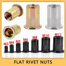 M3 M4 M5 M6 M8 M10 M12 Flat Rivet Nut Metric Thread Insert Nuts Carbon/Stainless Steel Aluminum Metal Rivnuts Lock Fix Clamp Nut