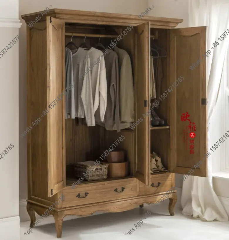 

N64 Customized French retro high-end solid wood oak four-door large wardrobe simple American bedroom double door solid wood clot
