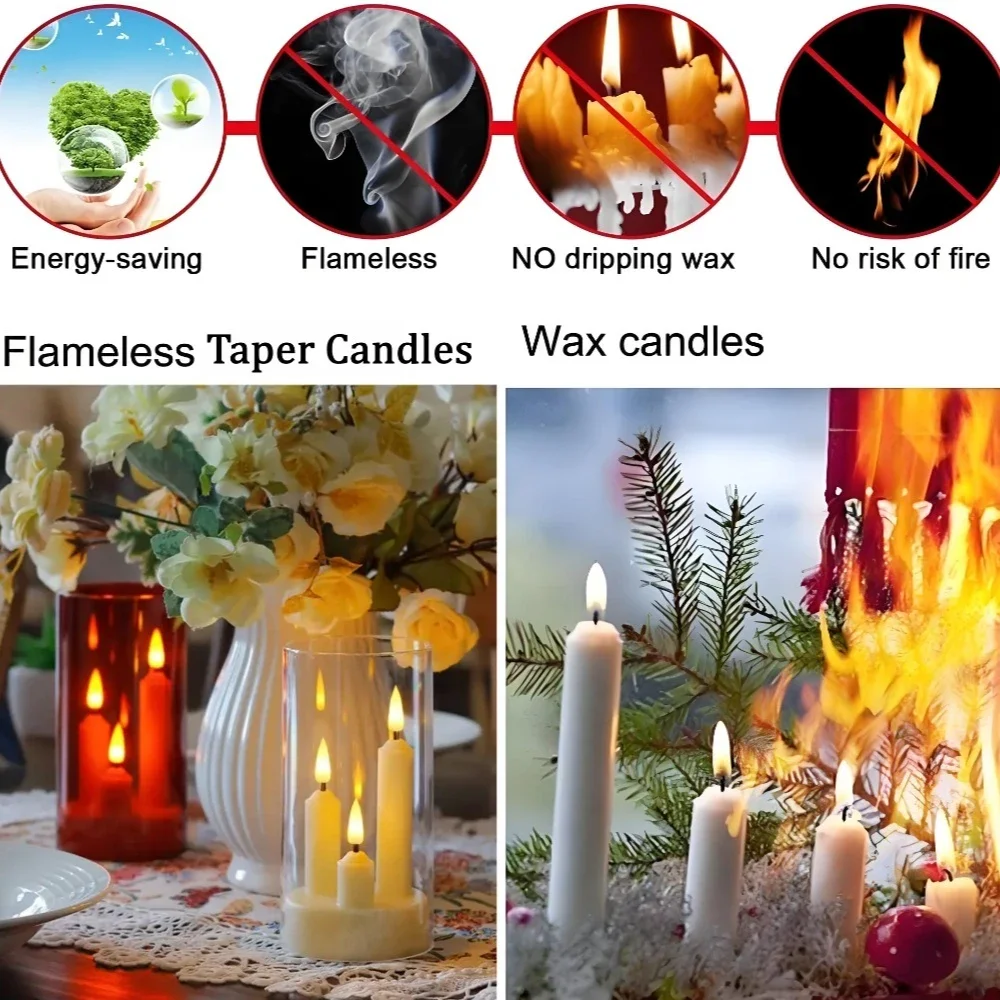3 in 1 Flameless 5/8/10CM Taper Candles Battery Operated LED Acrylic Pillar Flickering LED Electronic Candles with Lampshade