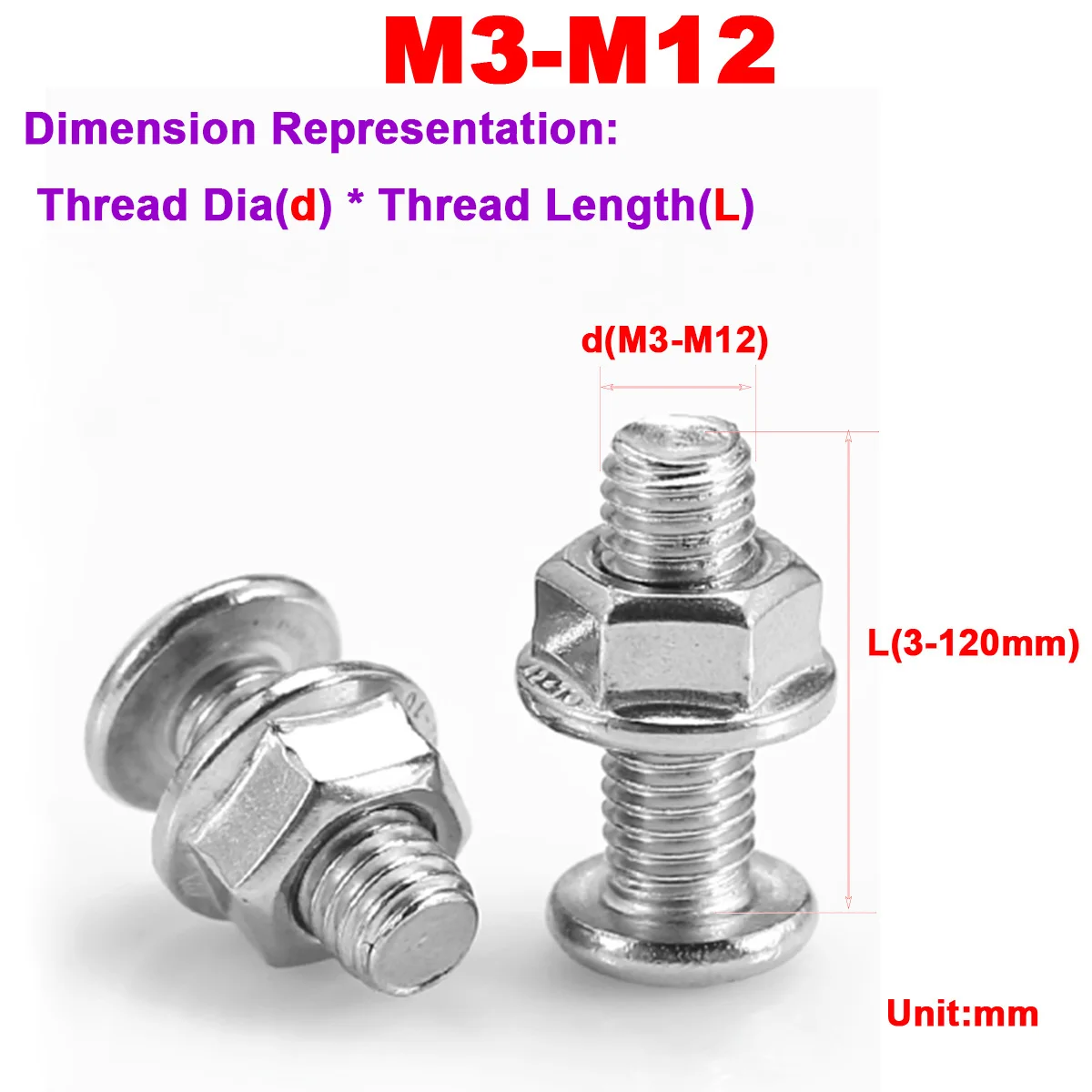 304 Stainless Steel Flat Head Chamfered Hexagonal Screw Flange And Nut Combination M3M4M5M6M8