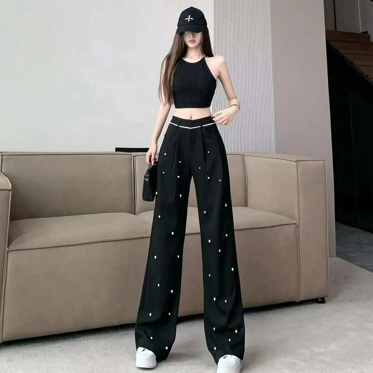 

European Heavy Industry Dingzhu Suit Wide Legged Pants Women's Spring New High Waist Loose Draping Casual Floor Slam Pants