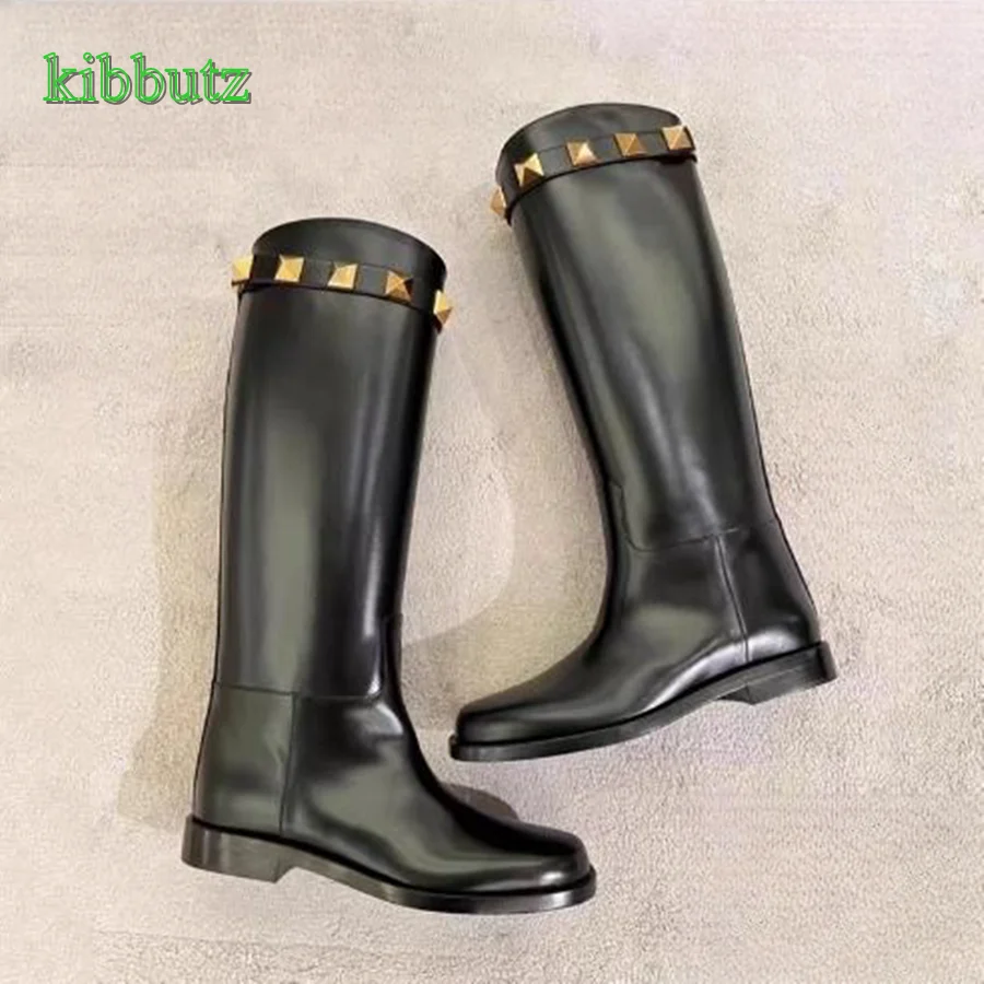 Studded Leather Straight Boots,Comfortable Round Toe Low Heel Knee High Boots Women Shoes Winter 2023 New Zapatos Para Mujere