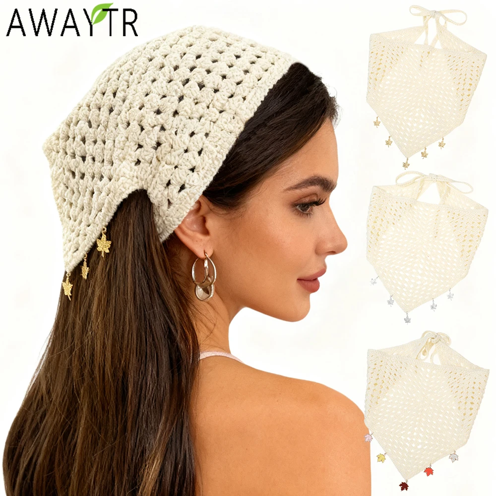 

AWAYTR Crochet Beige Triangle Scarf Headband Cotton Hair Scarf Bands for Women Party Headwear Turban Hairband Headpiece