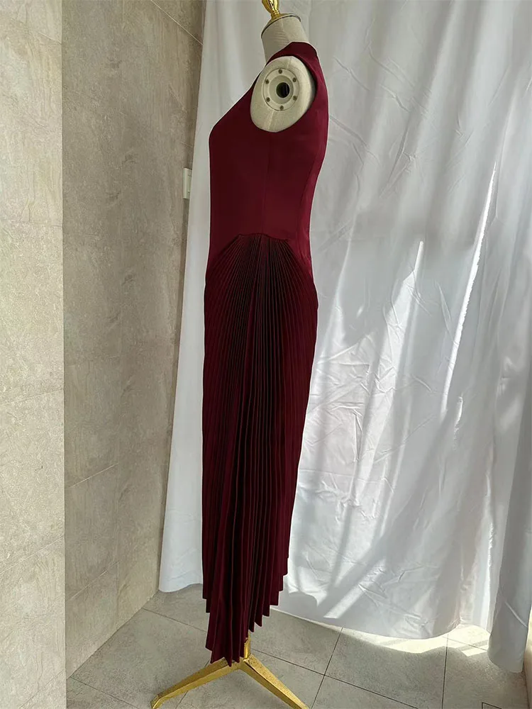 VKBN-Women's Casual Evening Dresses, Diagonal Collar, Sleeveless, Wine Red, Banquet Folds, Wedding Dresses for Female