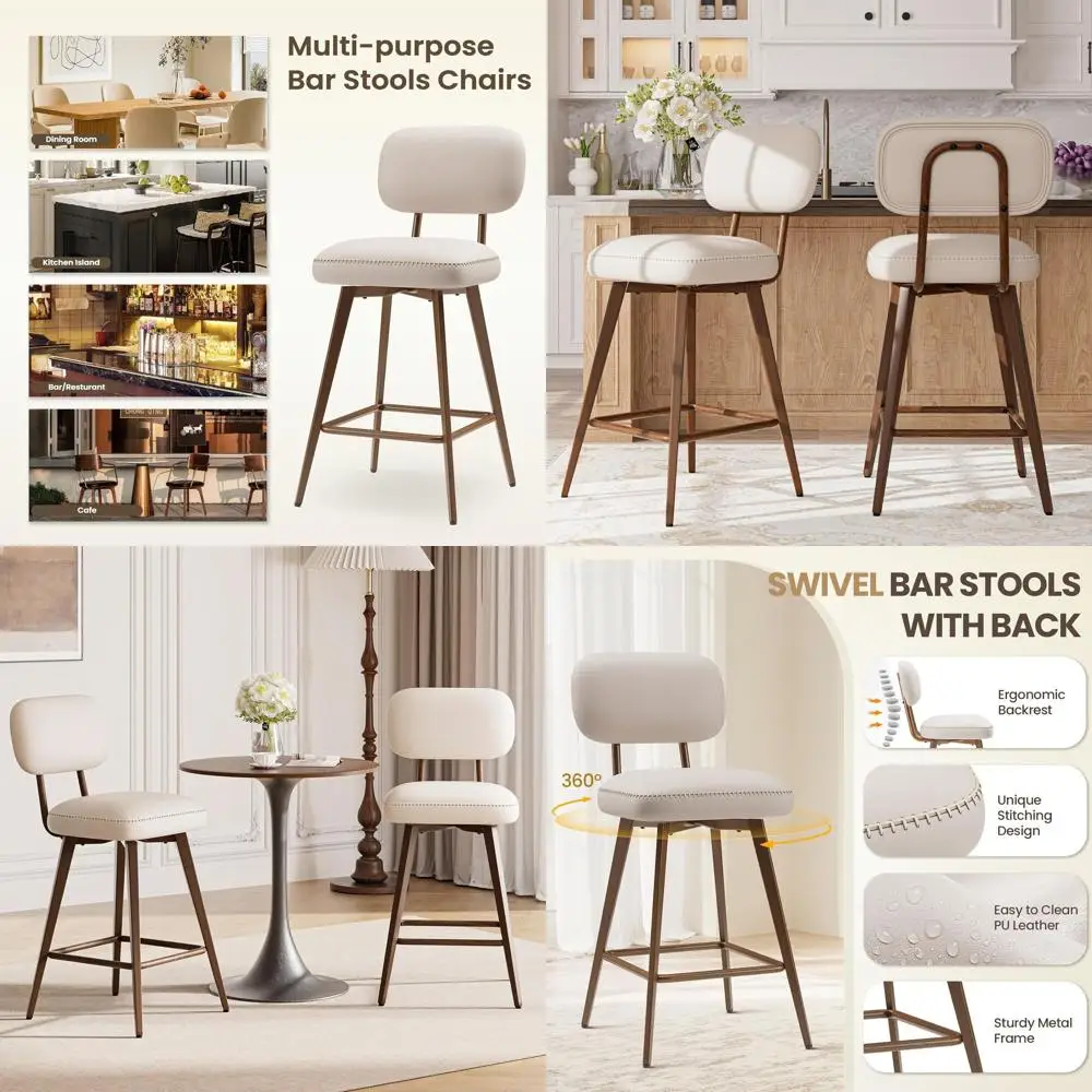 

Комплект из 2 барных стульев из искусственной кожи, с низкой спинкой и металлическими ножками, бежевые, для кухонного острова или бара