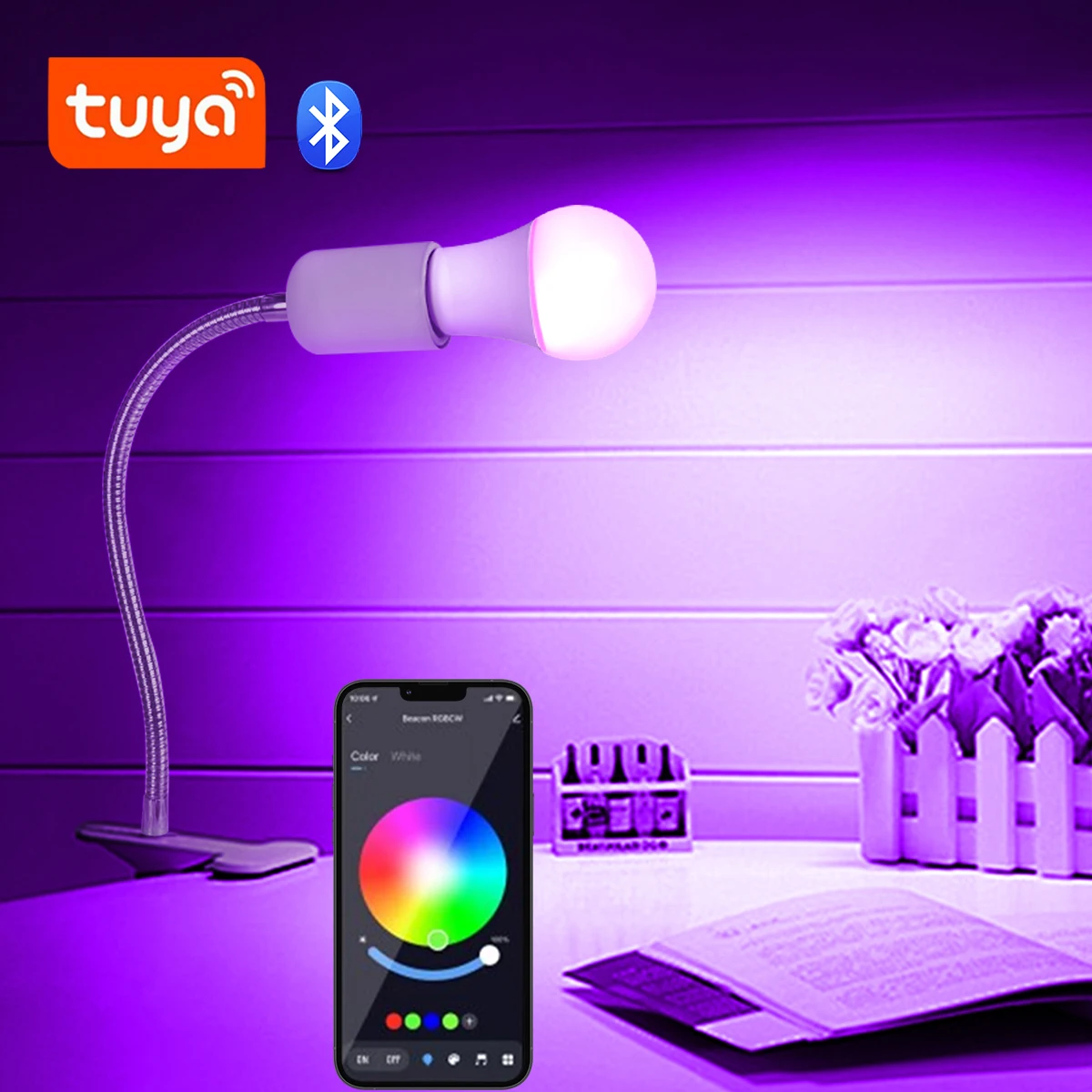 Bluetooth Tuya Inteligentna lampa biurkowa E27 Żarówka RGB z wtyczką EU Uchwyt na przewód Klips Lampy stołowe LED Dekoracja sypialni Lampka nocna