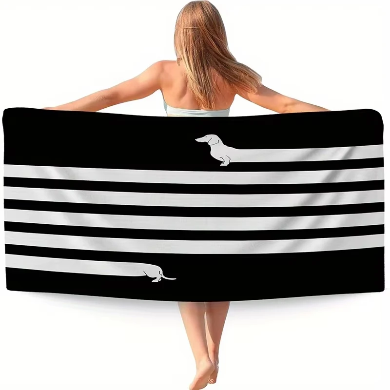 Striped Dachshund Print Beach Towel, Sun Protection Windproof Quick Dry Soft Blanket for Swimming Camping Travel Pool