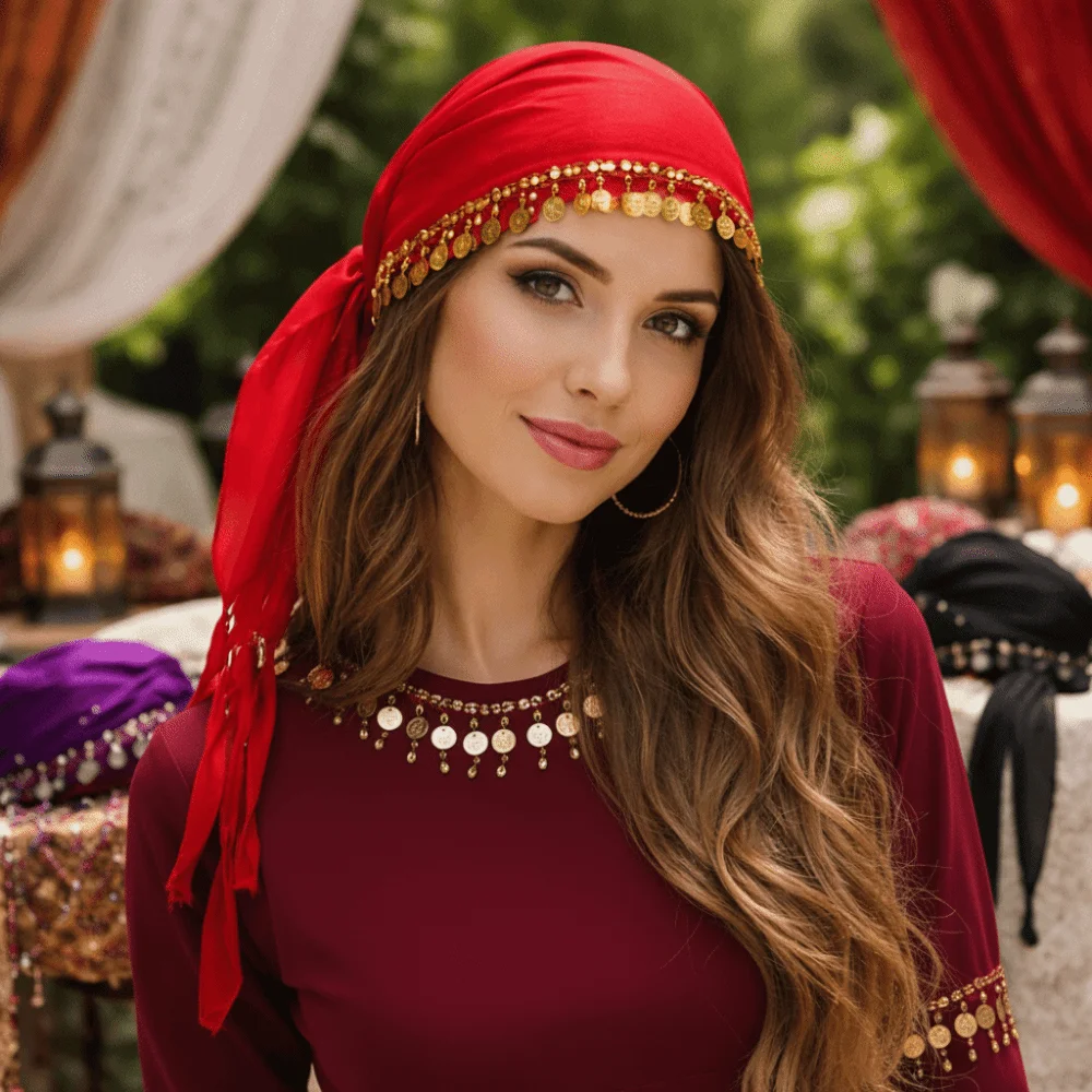 Fashion Pretty Belly Dance Accessories Crochet Veil Coin Headscarf Ethnic Pattern Traditional Dance Costume Headwear Belly Dance