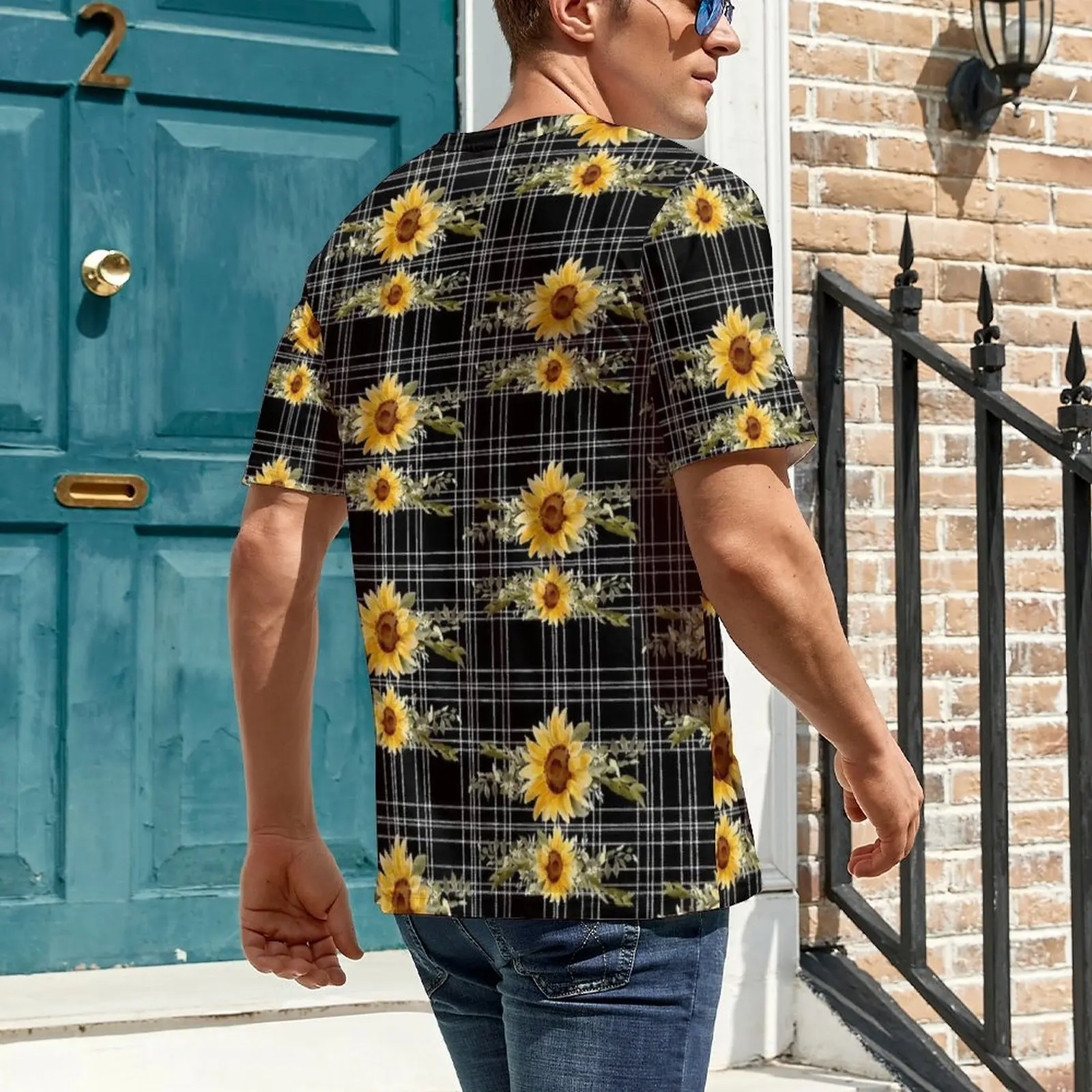Beach T-Shirt Sunflower Black And White Plaid T Shirts Street Style Harajuku Tees For Men Short Sleeve Design Oversized Clothing