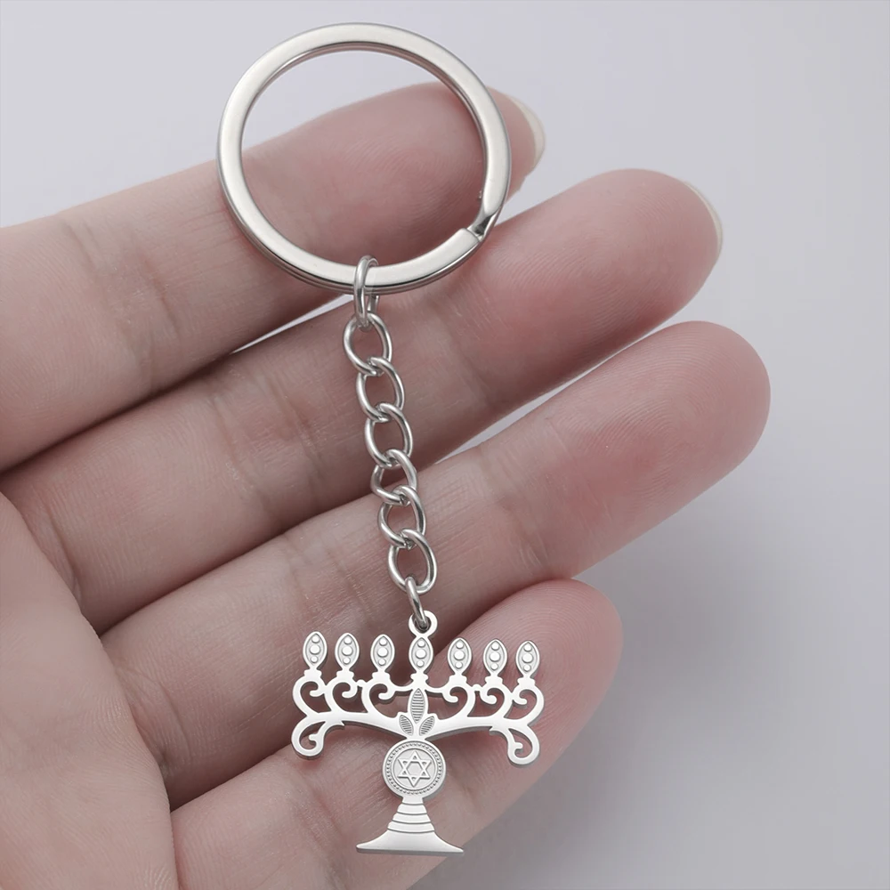 Hanukkah Menorah Pendant Keychain Star of David Jerusalem Temple Candlestick Shammash Jewish Jewelry Stainless Steel Keyring